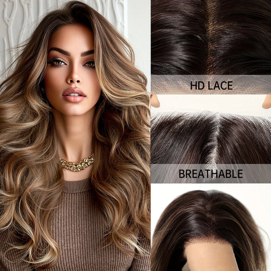 13x4 HD Transparent Lace Front Wig 18Inch Body Wave Dark Brown Color Synthetic Lace Wig Glueless Lace Wig High Temperature Chemical Fiber Daily Wear&Christmas&Music&Halloween -Natural Look & Comfort Fit