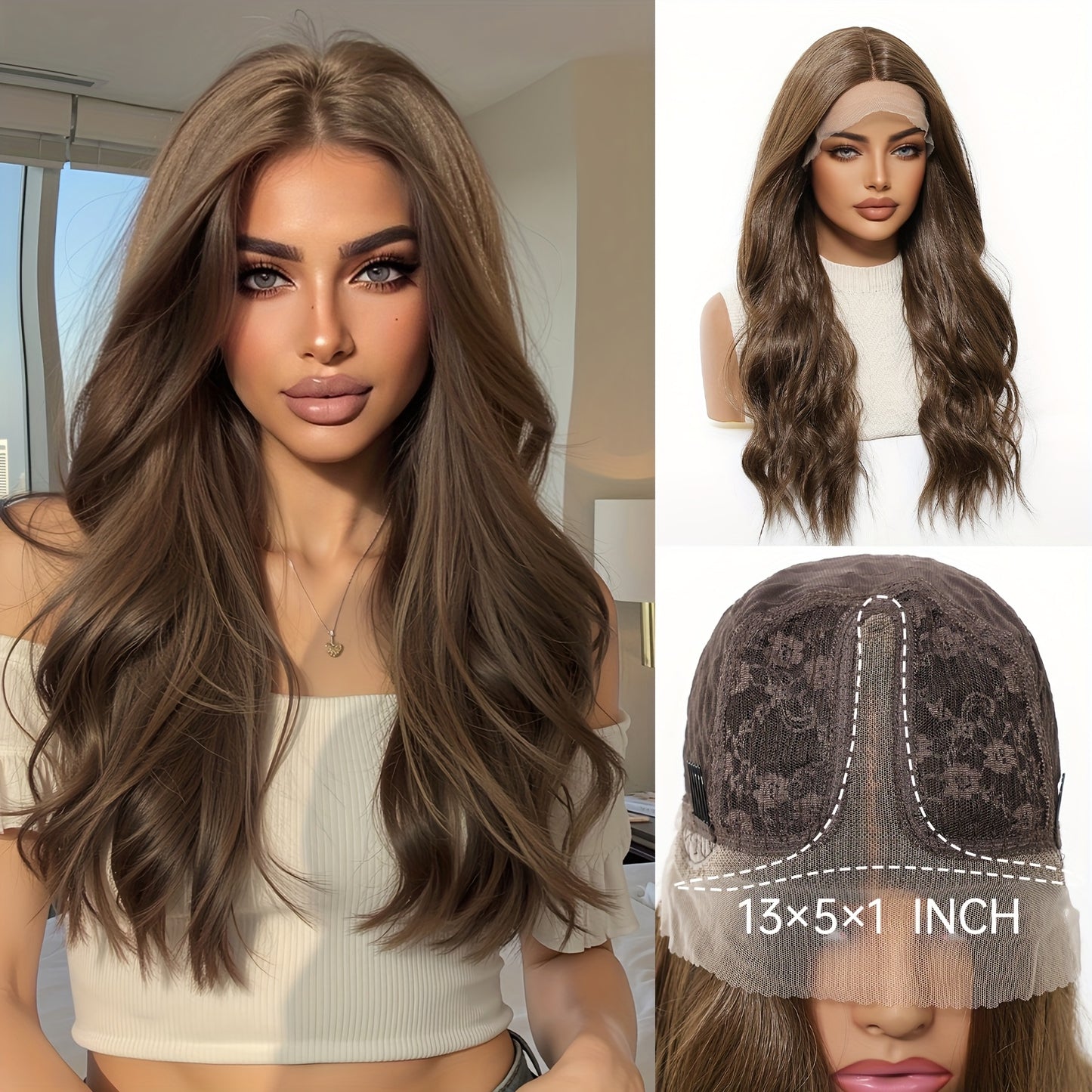 A 13*5*1 High-Definition Transparent Lace Front Wig, Featuring 24-Inch Vibrant Golden Brown Wavy Curls. This Synthetic Lace Wig Requires No Glue And Comes with a Pre-Plucked Hairline, Offering a Comfortable And Stylish Option for Holiday Occasions