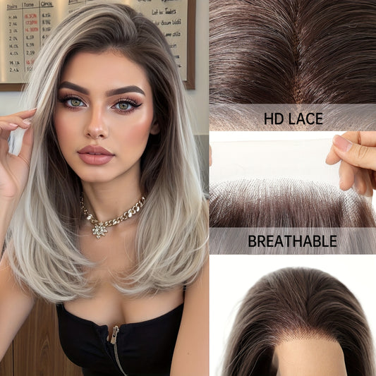 13x4 HD Transparent Lace Front Wig 14Inch Bob Silvery Gray Color Synthetic Lace Wig Glueless Lace Wig High Temperature Chemical Fiber Daily Wear&Christmas&Music Festival&Party&Halloween-Natural Look & Comfort Fit