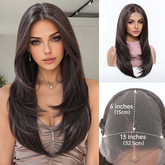 13x6 HD Transparent Lace Front Wig\u002F22Inch Brown Straight Hair Synthetic Lace Wig\u002FGlueless High Temperature Chemical Fiber\u002FDaily Wear&Christmas&Music Festival&Party-Natural Look & Comfort Fit