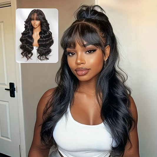 YIROO HAIR 7x5 Lace Frontal Wig with Bye Bye Knots - Natural Black Fluffy Hair, 180% Density Loose Wave Frontal Hairpiece with Curtain Bangs & Drawstring Closure (No Glue\u002FTape Needed) for, Put & Go Easy Wear