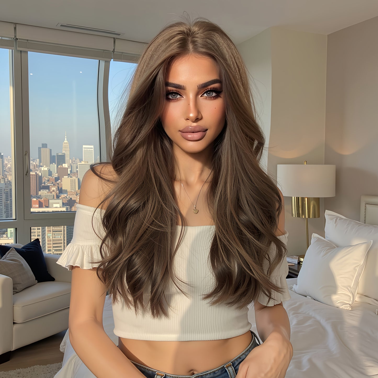 A 13*5*1 High-Definition Transparent Lace Front Wig, Featuring 24-Inch Vibrant Golden Brown Wavy Curls. This Synthetic Lace Wig Requires No Glue And Comes with a Pre-Plucked Hairline, Offering a Comfortable And Stylish Option for Holiday Occasions