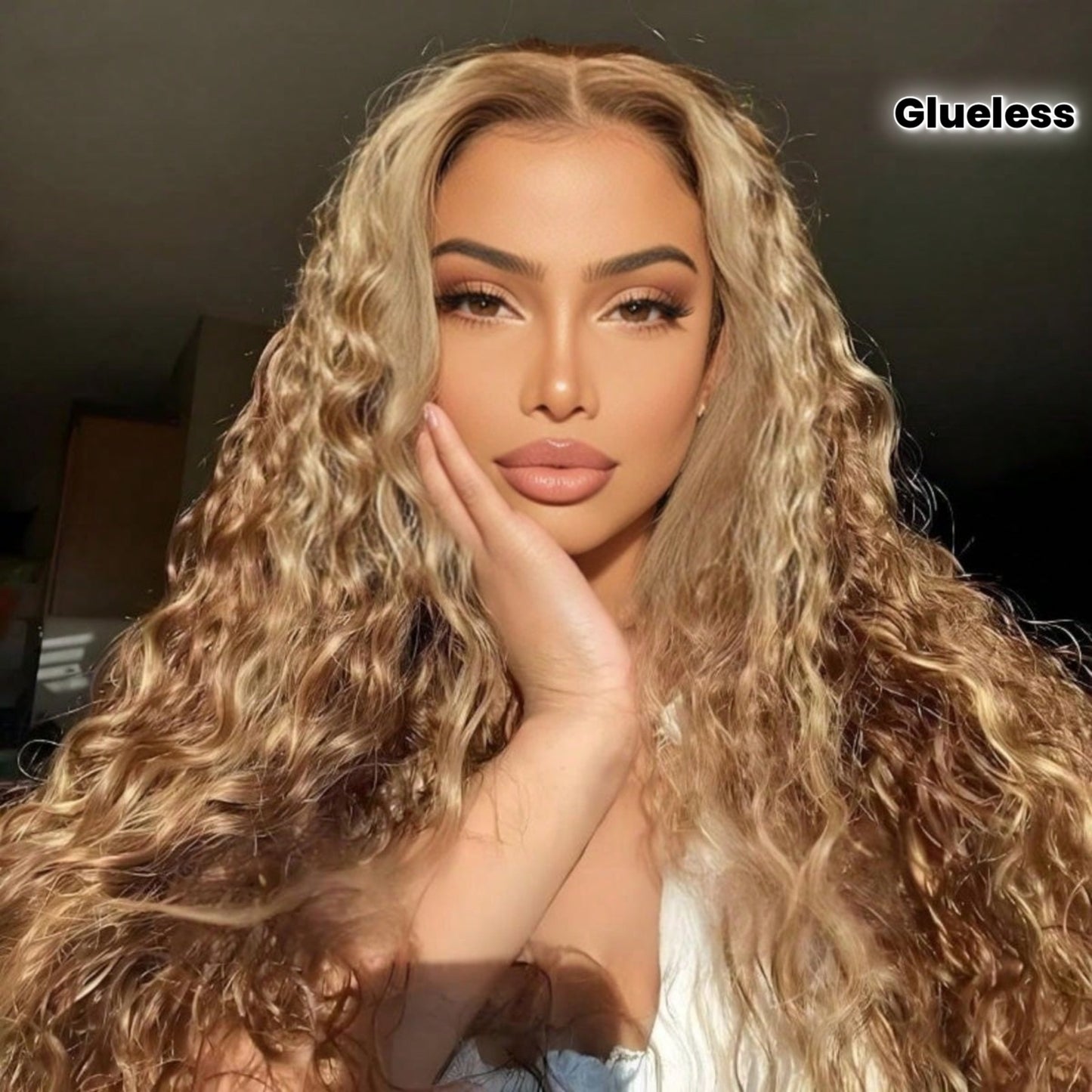 Glueless Blonde Ombre Highlight Human Hair Wig with Kinky Curly\u002FDeep Wave Texture - 250% Density HD Lace Frontal Pre Plucked Baby Hair Blonde Colored for Women ( Look)