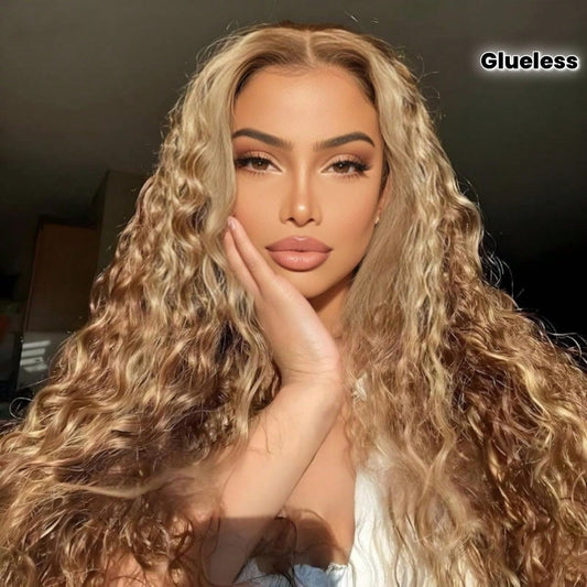 Glueless Blonde Ombre Highlight Human Hair Wig with Kinky Curly\u002FDeep Wave Texture - 250% Density HD Lace Frontal Pre Plucked Baby Hair Blonde Colored for Women ( Look)