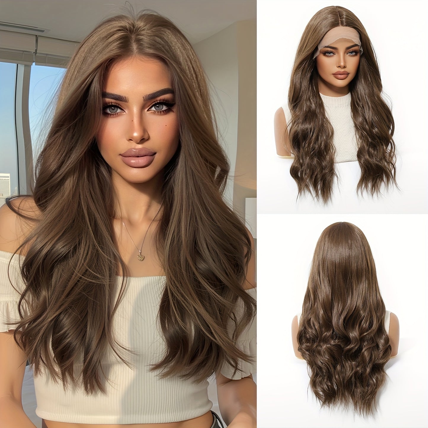 A 13*5*1 High-Definition Transparent Lace Front Wig, Featuring 24-Inch Vibrant Golden Brown Wavy Curls. This Synthetic Lace Wig Requires No Glue And Comes with a Pre-Plucked Hairline, Offering a Comfortable And Stylish Option for Holiday Occasions