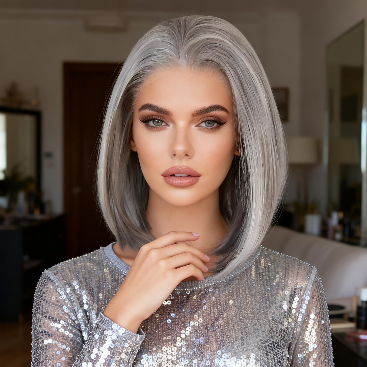 Dark Brown Cool Grey Blunt Lob Haircut Short Bob Wig Light Ash Grey 13x4inch Short Synthetic Lace Front Wig Pre Plucked Hairline Chocolate Brown Lace Front Synthetic Wig Daily Party Cosplay Halloween