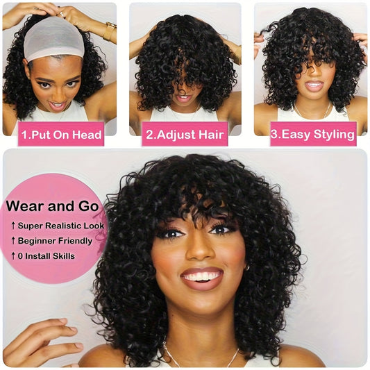 180% Density Water Wave Curls Pixie Cut Human Hair Wig | Machine Made Bob Wig with Bangs, Natural Black Color, 8\u002F10 Inch, Rose Net