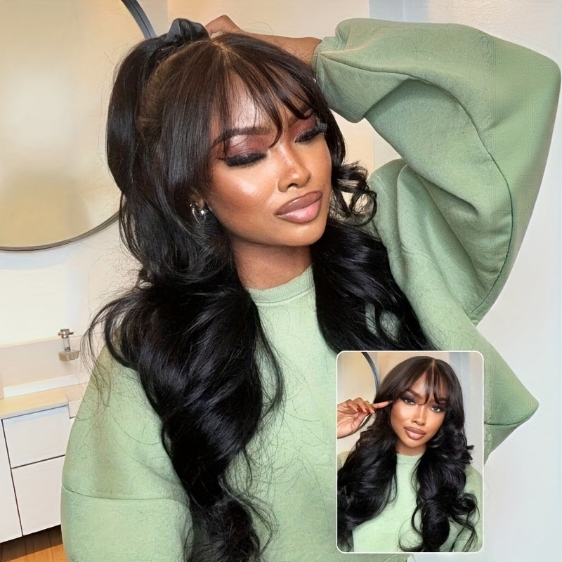 YIROO HAIR 7x5 Lace Frontal Wig with Bye Bye Knots - Natural Black Fluffy Hair, 180% Density Loose Wave Frontal Hairpiece with Curtain Bangs & Drawstring Closure (No Glue\u002FTape Needed) for, Put & Go Easy Wear