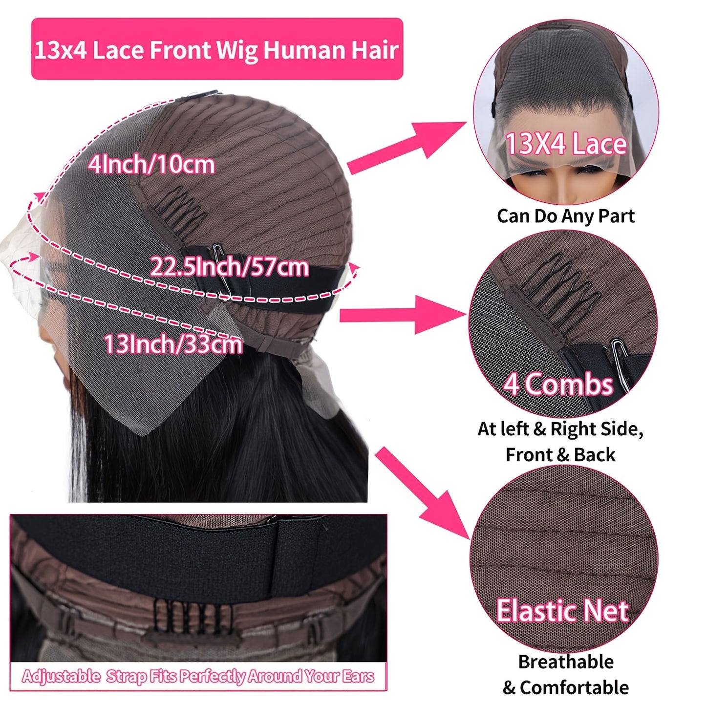 13x4 Straight Human Hair Lace Front Wig - Pre-Plucked 250% Density Natural Look for, Everyday & Special Occasions
