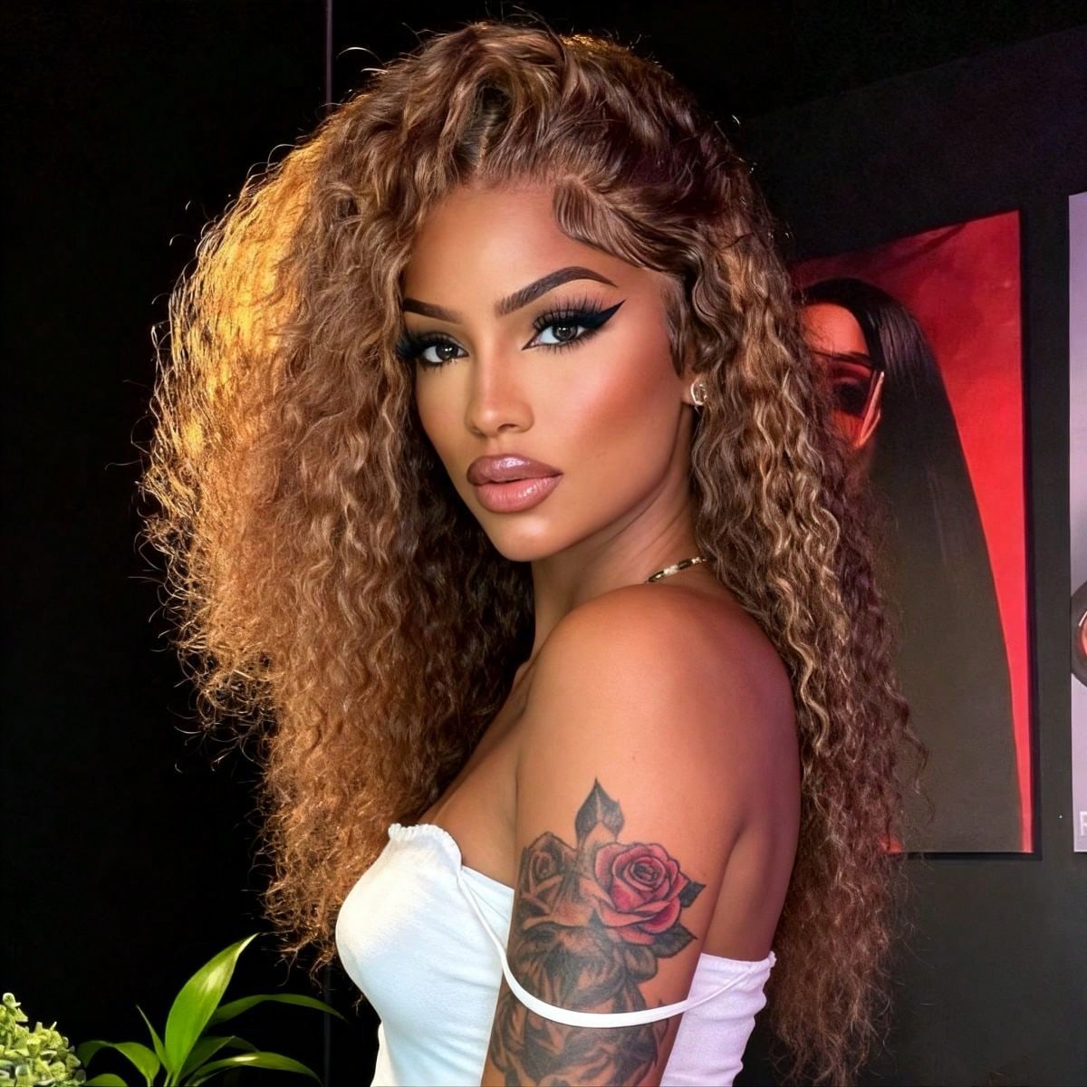 Glueless Blonde Ombre Highlight Human Hair Wig with Kinky Curly\u002FDeep Wave Texture - 250% Density HD Lace Frontal Pre Plucked Baby Hair Blonde Colored for Women ( Look)