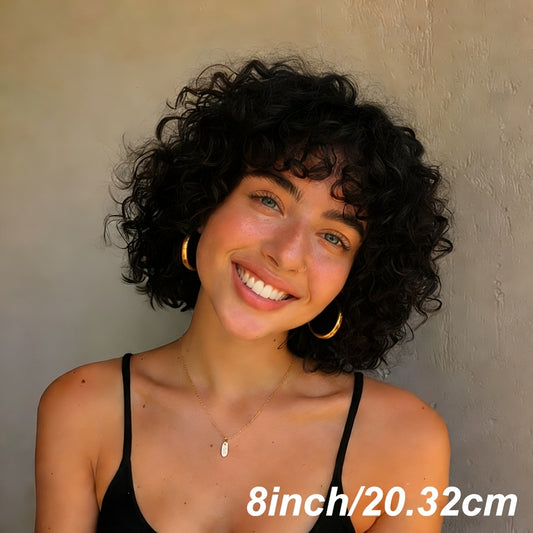 180% Density Water Wave Curls Pixie Cut Human Hair Wig | Machine Made Bob Wig with Bangs, Natural Black Color, 8\u002F10 Inch, Rose Net