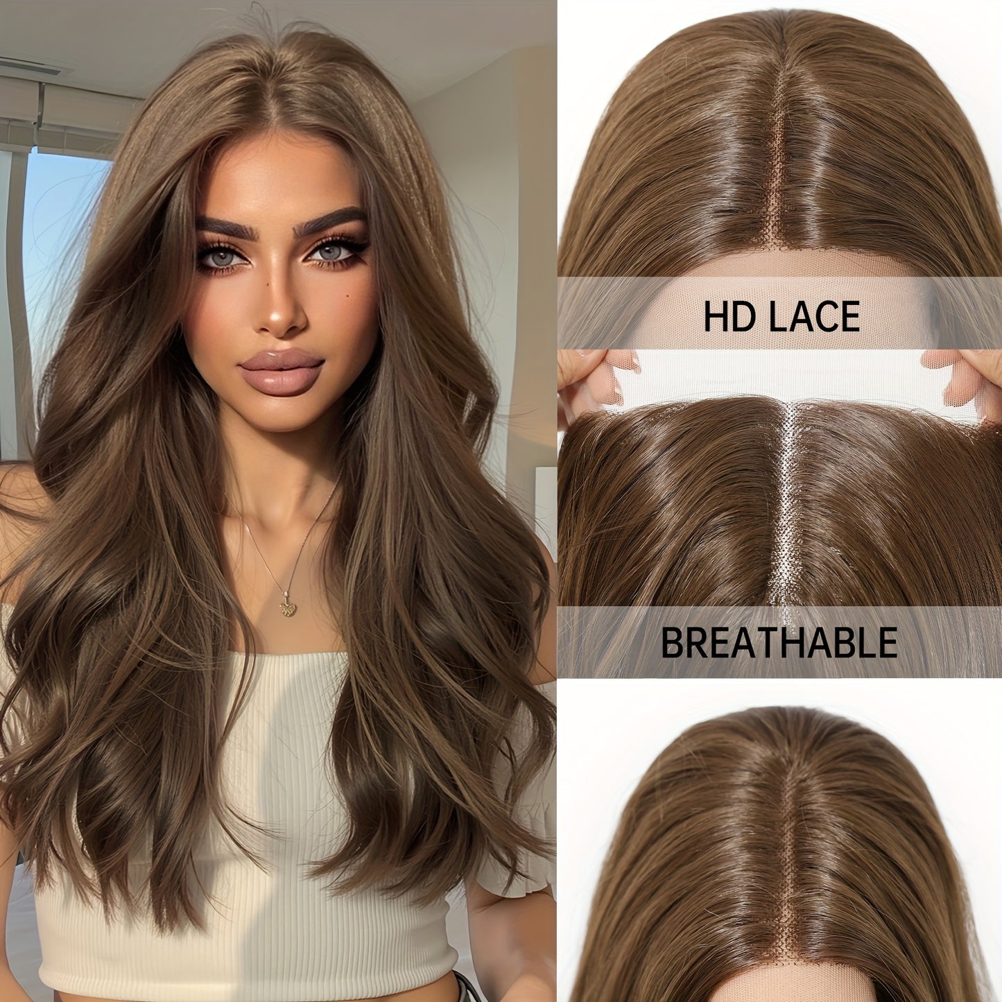 A 13*5*1 High-Definition Transparent Lace Front Wig, Featuring 24-Inch Vibrant Golden Brown Wavy Curls. This Synthetic Lace Wig Requires No Glue And Comes with a Pre-Plucked Hairline, Offering a Comfortable And Stylish Option for Holiday Occasions