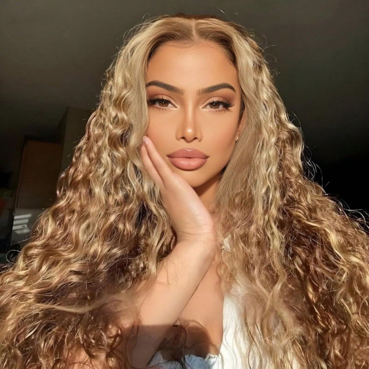 Glueless Blonde Ombre Highlight Human Hair Wig with Kinky Curly\u002FDeep Wave Texture - 250% Density HD Lace Frontal Pre Plucked Baby Hair Blonde Colored for Women ( Look)