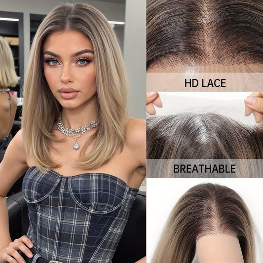 14-Inch Short Bob Synthetic Lace Wig with Highlights in Brown Color, Featuring a Glueless Design And Pre-Plucked, Perfect for Daily Wear And Parties, Offering a Appearance And Comfortable Fit, Suitable for Women