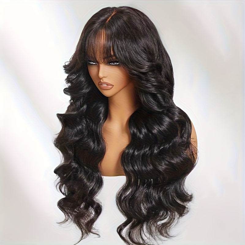 YIROO HAIR 7x5 Lace Frontal Wig with Bye Bye Knots - Natural Black Fluffy Hair, 180% Density Loose Wave Frontal Hairpiece with Curtain Bangs & Drawstring Closure (No Glue\u002FTape Needed) for, Put & Go Easy Wear