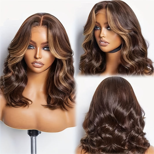 14-Inch Short Ombre Bob Wig with Brown And Blonde Highlights, Wavy Synthetic Hair Featuring a Lace Front, Pre-Plucked Hairline, Lightweight for Everyday Use - Bleached Knots