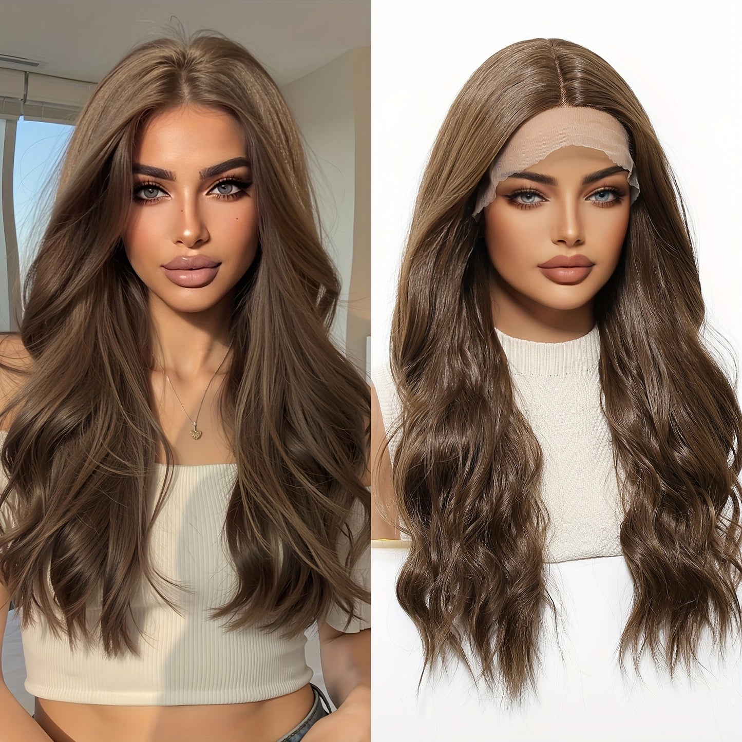 A 13*5*1 High-Definition Transparent Lace Front Wig, Featuring 24-Inch Vibrant Golden Brown Wavy Curls. This Synthetic Lace Wig Requires No Glue And Comes with a Pre-Plucked Hairline, Offering a Comfortable And Stylish Option for Holiday Occasions