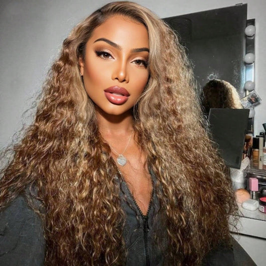 Glueless Blonde Ombre Highlight Human Hair Wig with Kinky Curly\u002FDeep Wave Texture - 250% Density HD Lace Frontal Pre Plucked Baby Hair Blonde Colored for Women ( Look)