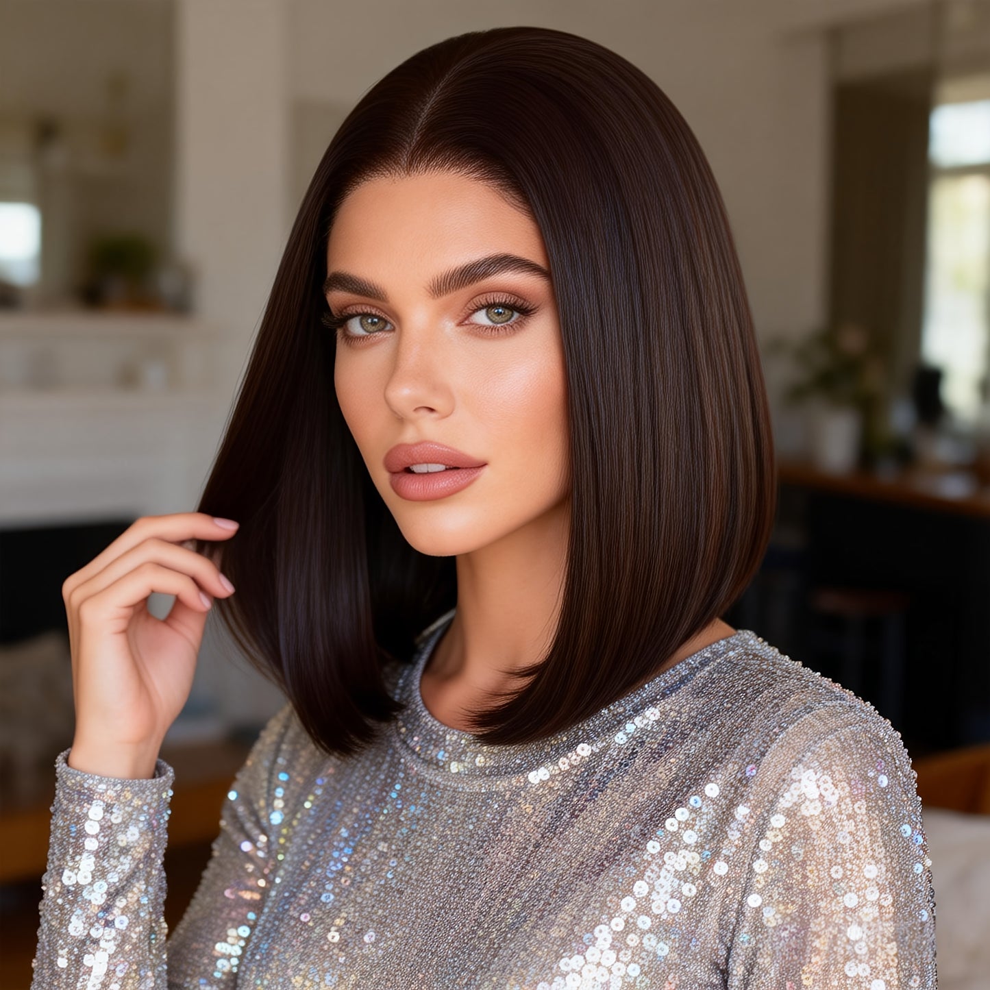 Dark Brown Cool Grey Blunt Lob Haircut Short Bob Wig Light Ash Grey 13x4inch Short Synthetic Lace Front Wig Pre Plucked Hairline Chocolate Brown Lace Front Synthetic Wig Daily Party Cosplay Halloween