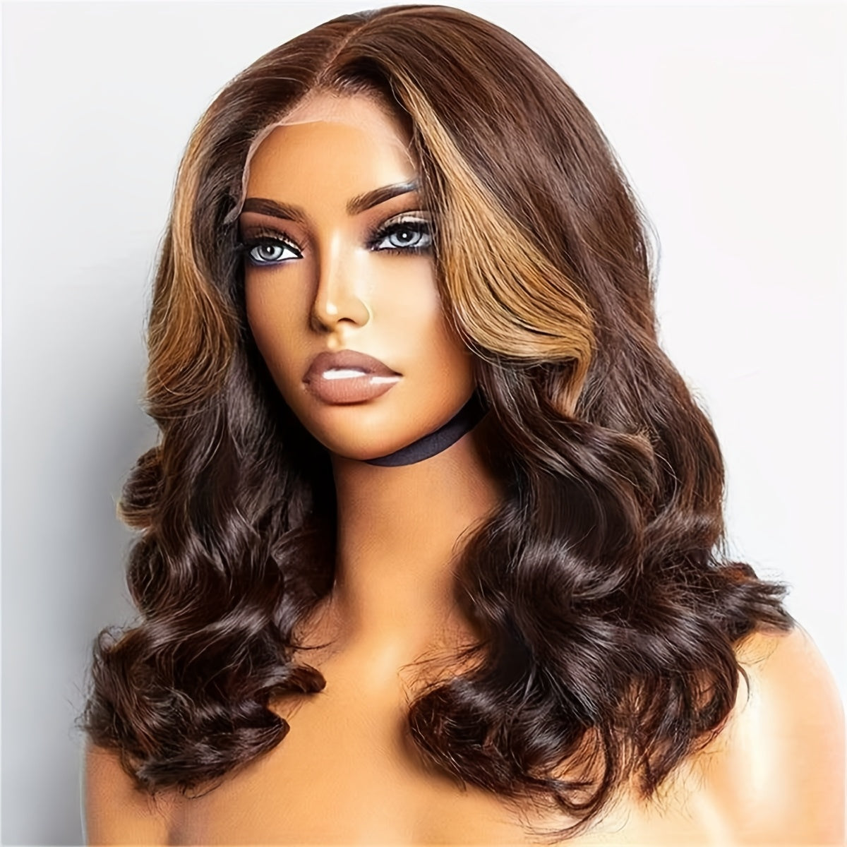 14-Inch Short Ombre Bob Wig with Brown And Blonde Highlights, Wavy Synthetic Hair Featuring a Lace Front, Pre-Plucked Hairline, Lightweight for Everyday Use - Bleached Knots