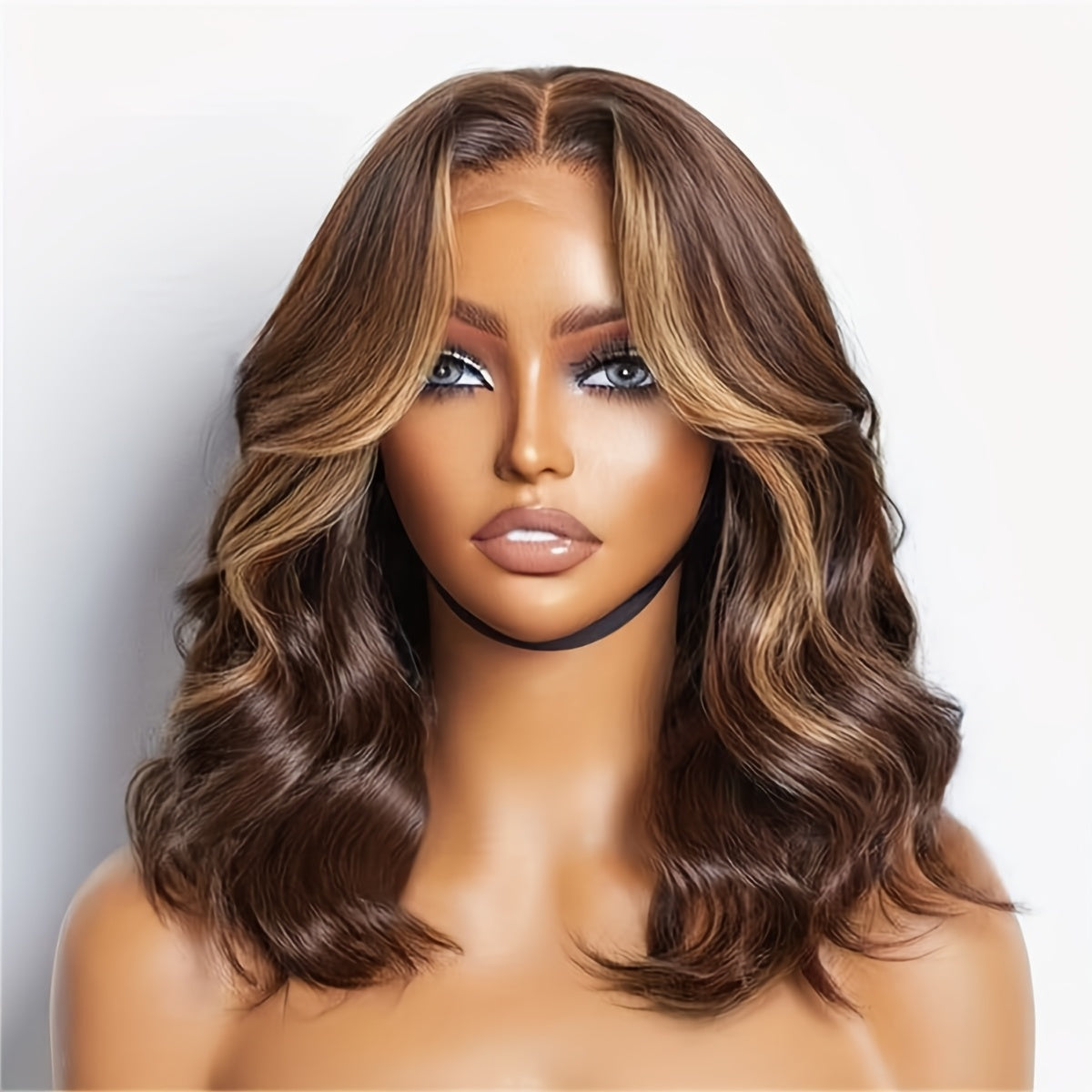 14-Inch Short Ombre Bob Wig with Brown And Blonde Highlights, Wavy Synthetic Hair Featuring a Lace Front, Pre-Plucked Hairline, Lightweight for Everyday Use - Bleached Knots