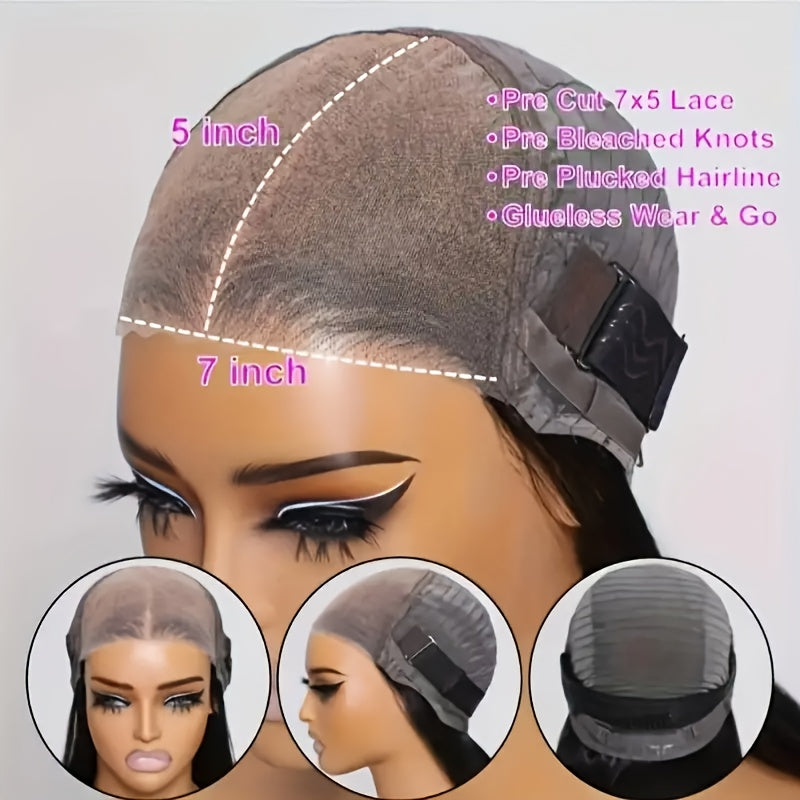 YIROO HAIR 7x5 Lace Frontal Wig with Bye Bye Knots - Natural Black Fluffy Hair, 180% Density Loose Wave Frontal Hairpiece with Curtain Bangs & Drawstring Closure (No Glue\u002FTape Needed) for, Put & Go Easy Wear