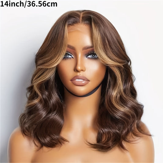14-Inch Short Ombre Bob Wig with Brown And Blonde Highlights, Wavy Synthetic Hair Featuring a Lace Front, Pre-Plucked Hairline, Lightweight for Everyday Use - Bleached Knots